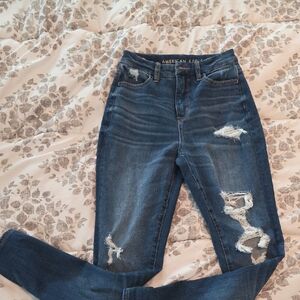 American Eagle Outfitters Women's Dark Blue Ripped Skinny Jeans